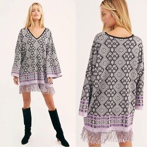 Free People Retro 70s Bohemian Poncho Sweater Tunic Top Fringe Small Oversized